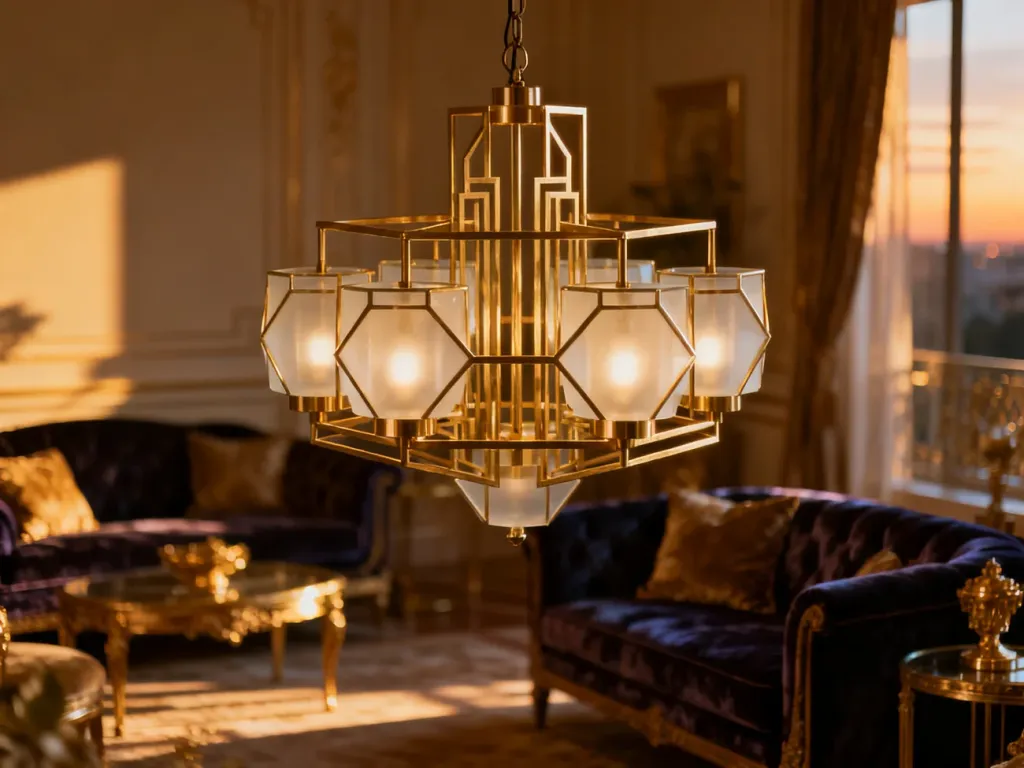Elegancki mosiężny żyrandol w stylu art deco z matowymi kloszami, stanowiący centralny punkt luksusowego salonu.