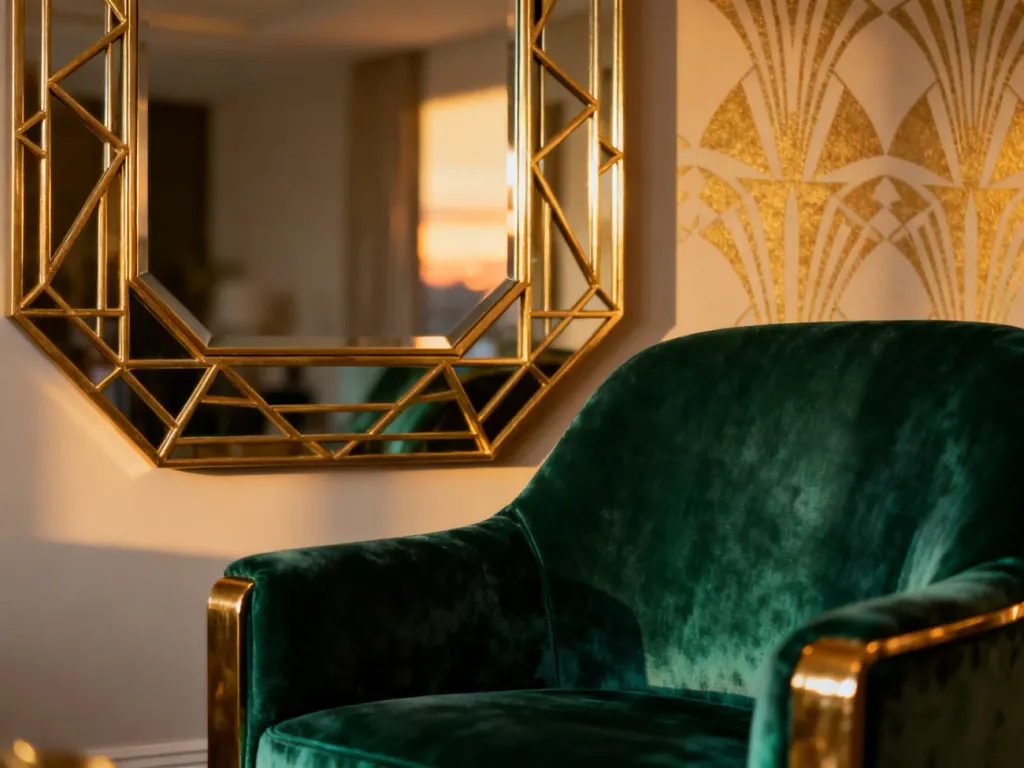 Elegancki fotel w kolorze szmaragdowej zieleni oraz złote lustro o geometrycznym kształcie w stylu art deco.