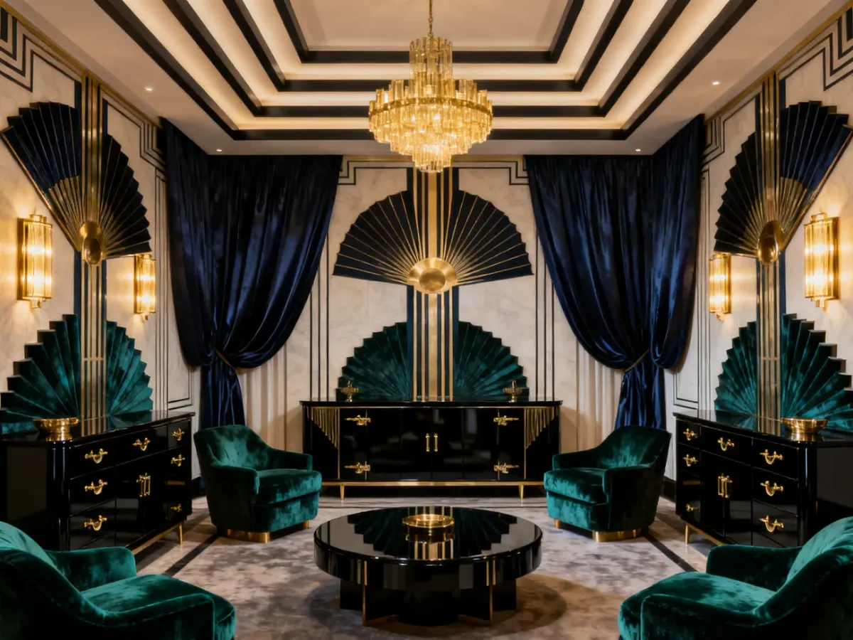 Eleganckie wnętrze w stylu Art Déco z geometrycznymi meblami i kontrastowymi materiałami