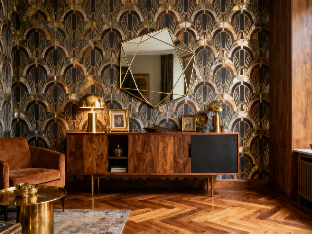 Eklektyczne wnętrze łączące tapetę Art Deco z nowoczesnymi meblami i antykami