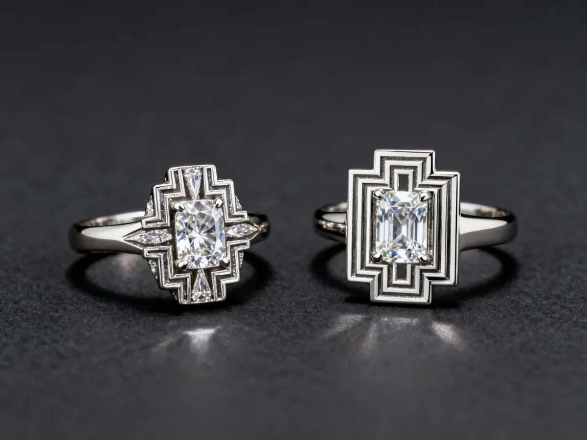 Antyczny pierścionek art deco obok współczesnego modelu inspirowanego tym stylem