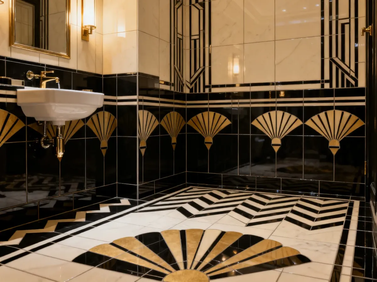Geometryczne płytki w czerni, kremie i złocie w łazience art deco
