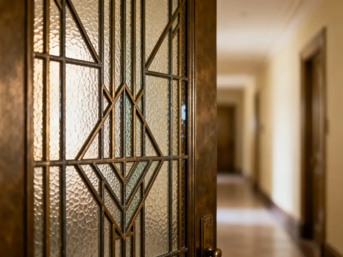 Drzwi Art Deco z ornamentowym szkłem rozpraszającym światło