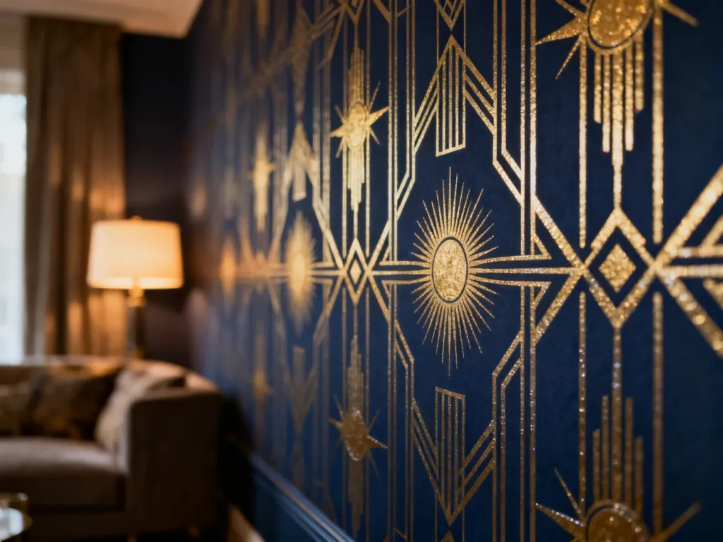 Elegancka tapeta w stylu art deco z geometrycznym, złotym wzorem na granatowym tle, podkreślająca luksusowy wystrój wnętrza.