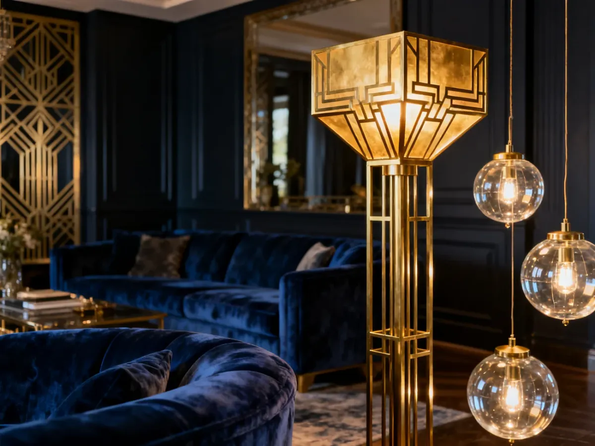 Rzeźbiarskie oświetlenie art déco w eleganckim salonie