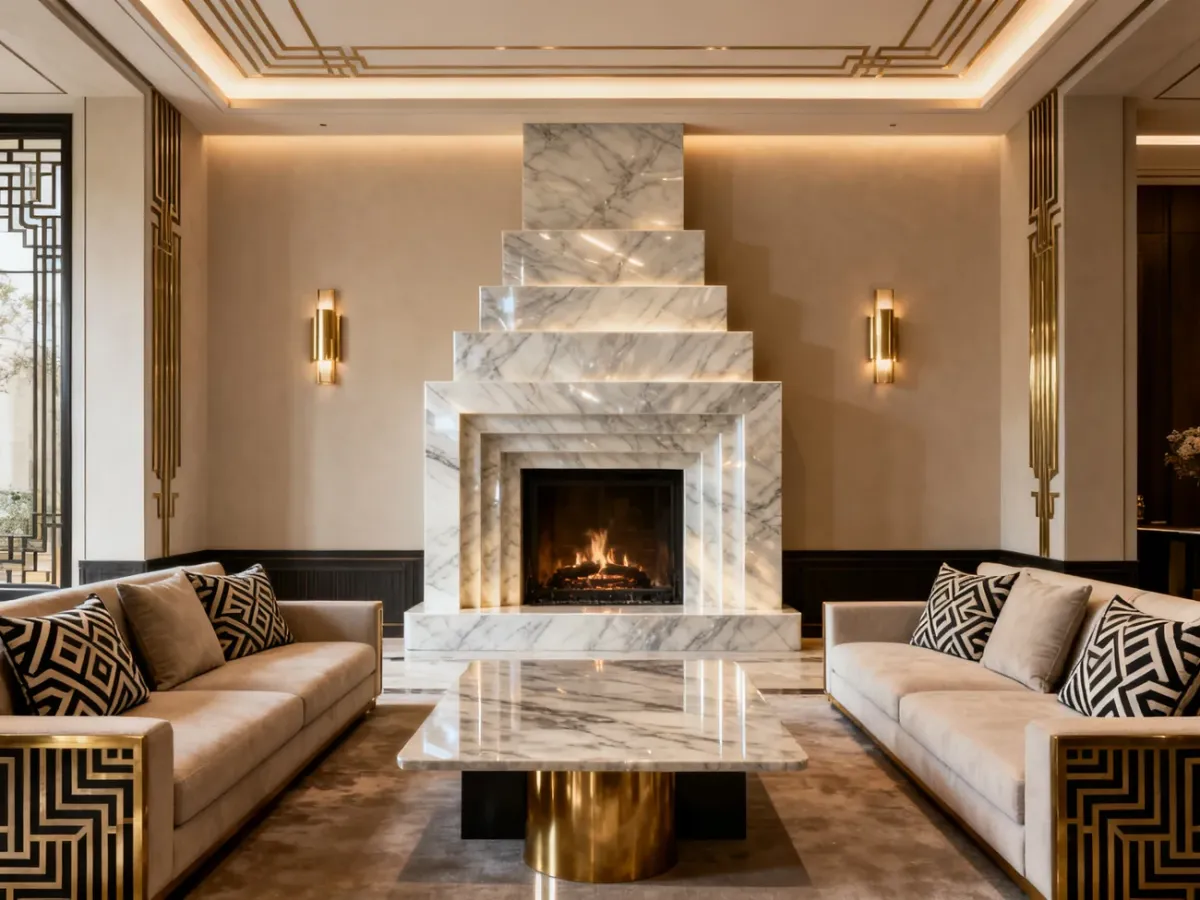 Symetryczny marmurowy kominek art déco w eleganckim salonie