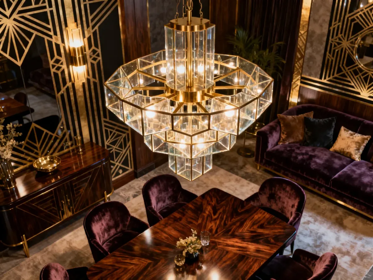 Geometryczny żyrandol i wielopoziomowe oświetlenie w eleganckim wnętrzu art déco