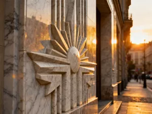 Geometryczny pierścionek art deco z diamentami na ciemnym aksamicie, podkreślający luksusowy i symetryczny styl epoki.