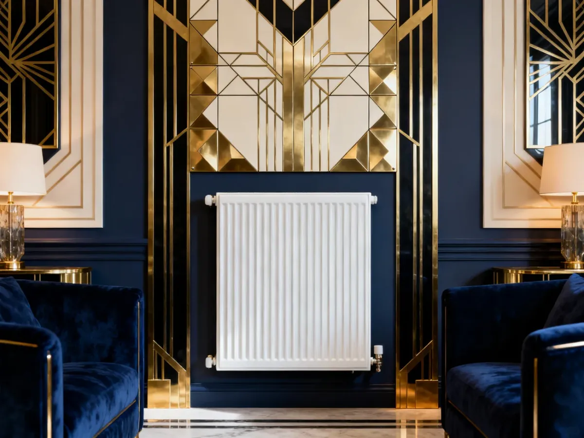 Biały grzejnik zamaskowany geometryczną matą w eleganckim wnętrzu Art Deco
