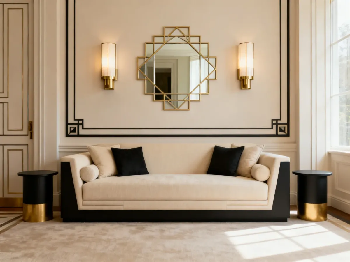 Symetryczny salon w stylu neo art deco z lustrem i kinkietami
