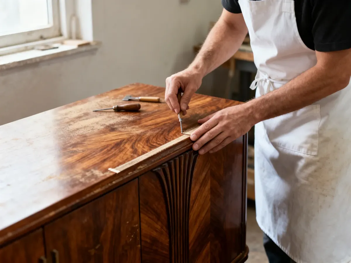 Restorer carefully repairing fragile veneer on an Art Deco sideboard
