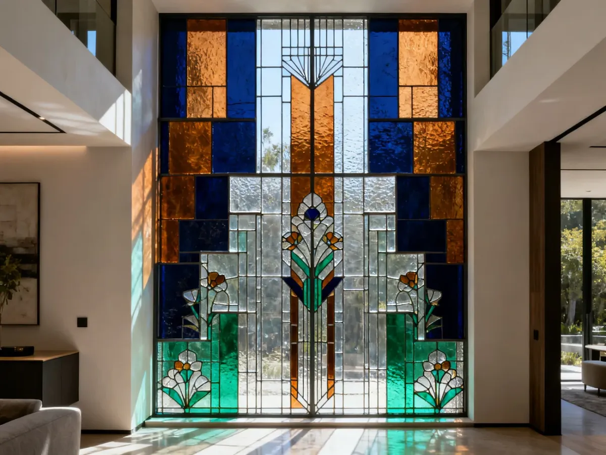 Współczesny witraż inspirowany geometrią Art Déco w nowoczesnym wnętrzu