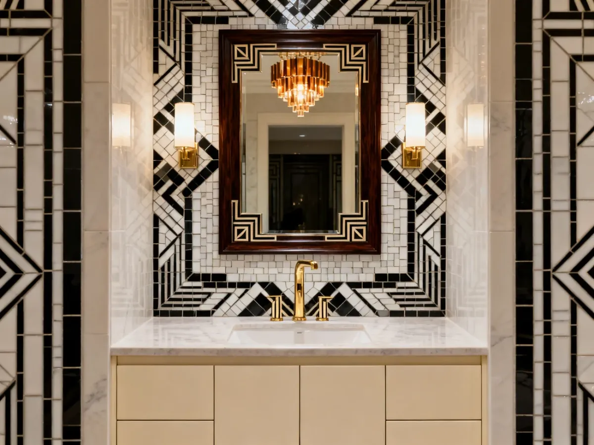 Łazienka art deco z geometryczną mozaiką i złotą armaturą