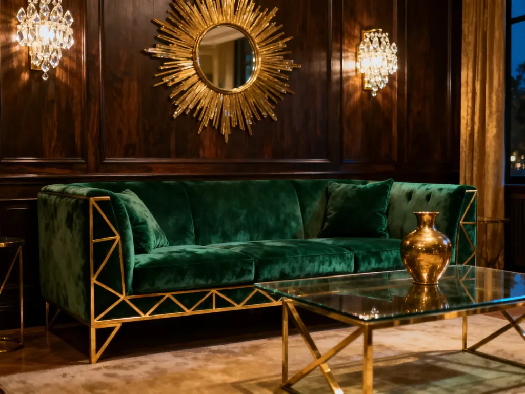 Luksusowy salon w stylu art deco ze szmaragdową sofą, złotymi akcentami i nastrojowym oświetleniem.