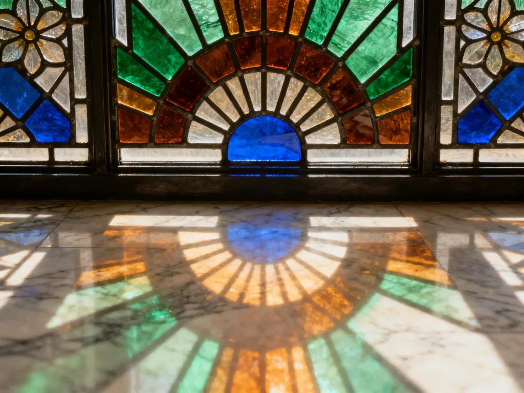 Witraż w stylu art déco z geometrycznym motywem słońca i roślin, rzucający kolorowe refleksy na marmurową podłogę.