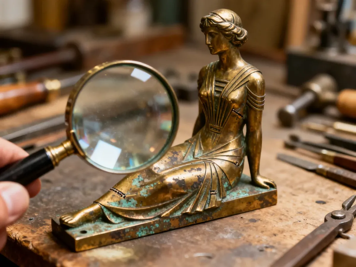 Close-up examination of patina and casting details on a brass Art Deco figurine