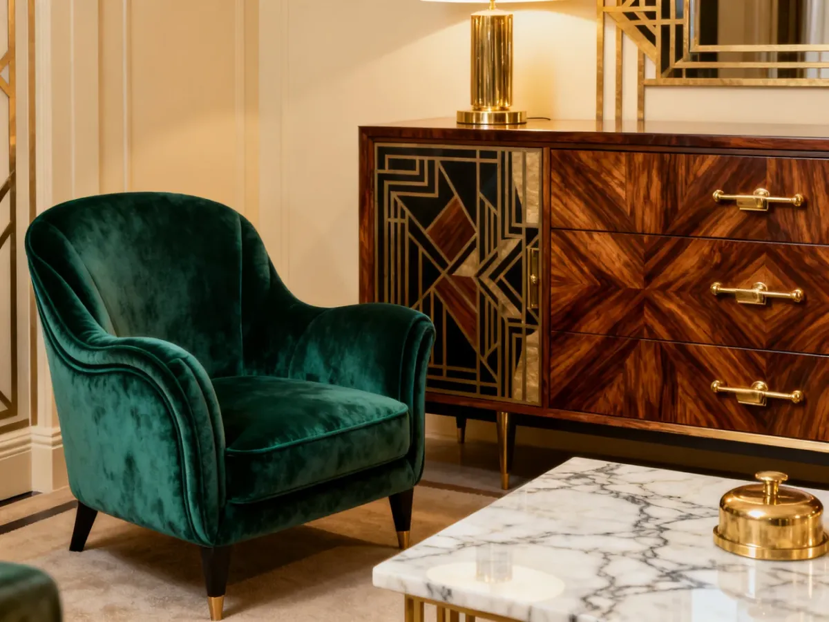 Aksamitny fotel, fornirowana komoda i marmurowe powierzchnie w stylu art déco
