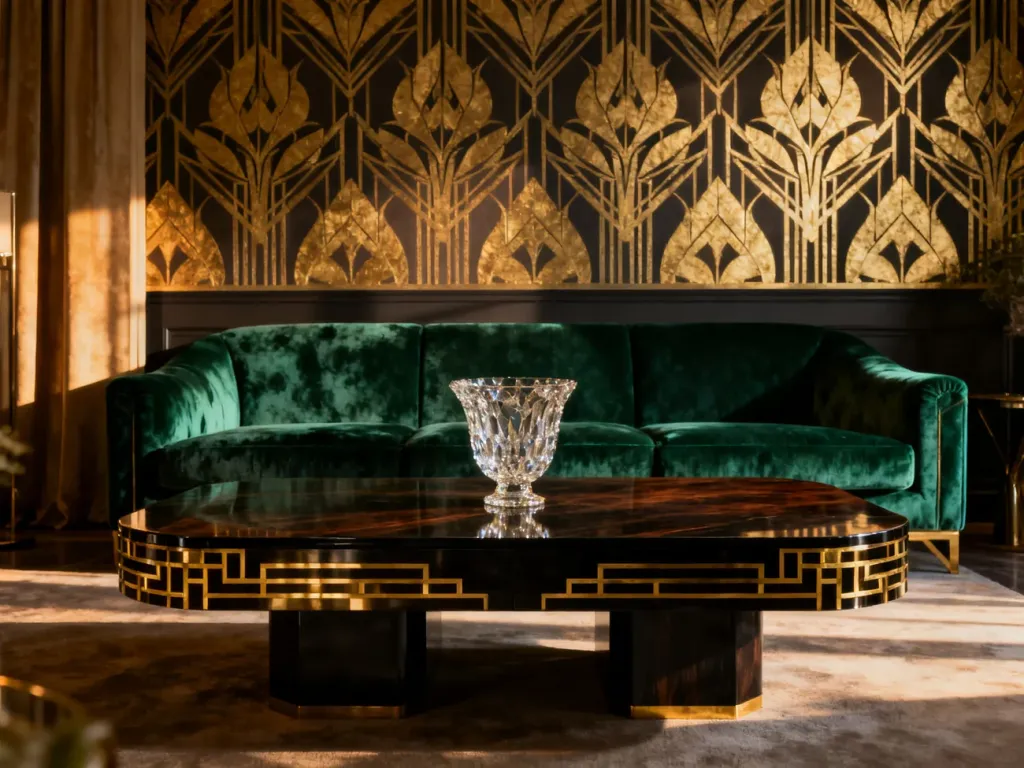 Luksusowy salon w stylu art deco z szmaragdową sofą, złotymi akcentami i elegancką tapetą.