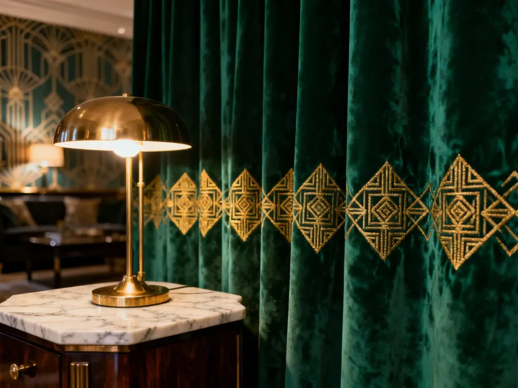 Luksusowe szmaragdowe zasłony z geometrycznym złotym haftem we wnętrzu w stylu art deco.