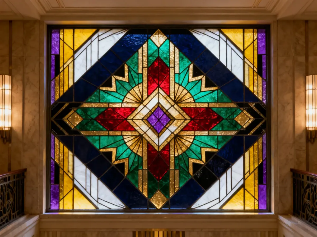 Geometryczny witraż Art Déco w nasyconych, kontrastowych barwach