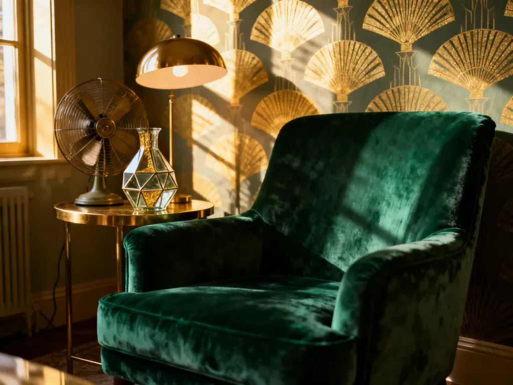 Szmaragdowy fotel z weluru i mosiężne dodatki w salonie w stylu art deco, podkreślone ciepłym światłem słonecznym.