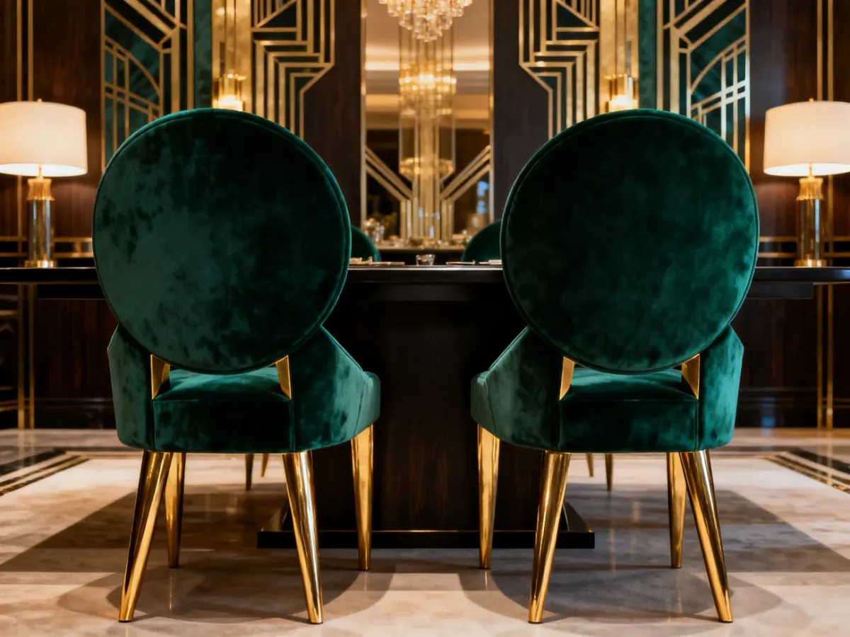 Welurowe krzesła Art Deco w eleganckiej jadalni