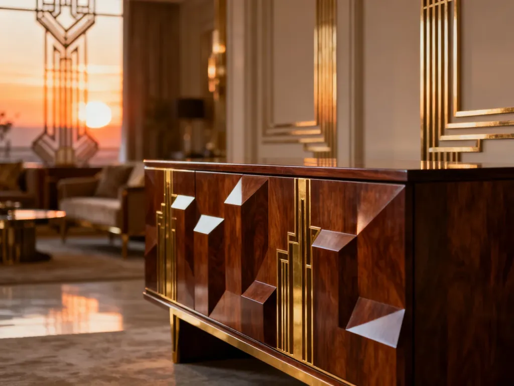 Elegancka komoda w stylu art deco z orzecha włoskiego z mosiężnymi wstawkami, prezentująca charakterystyczne geometryczne linie.