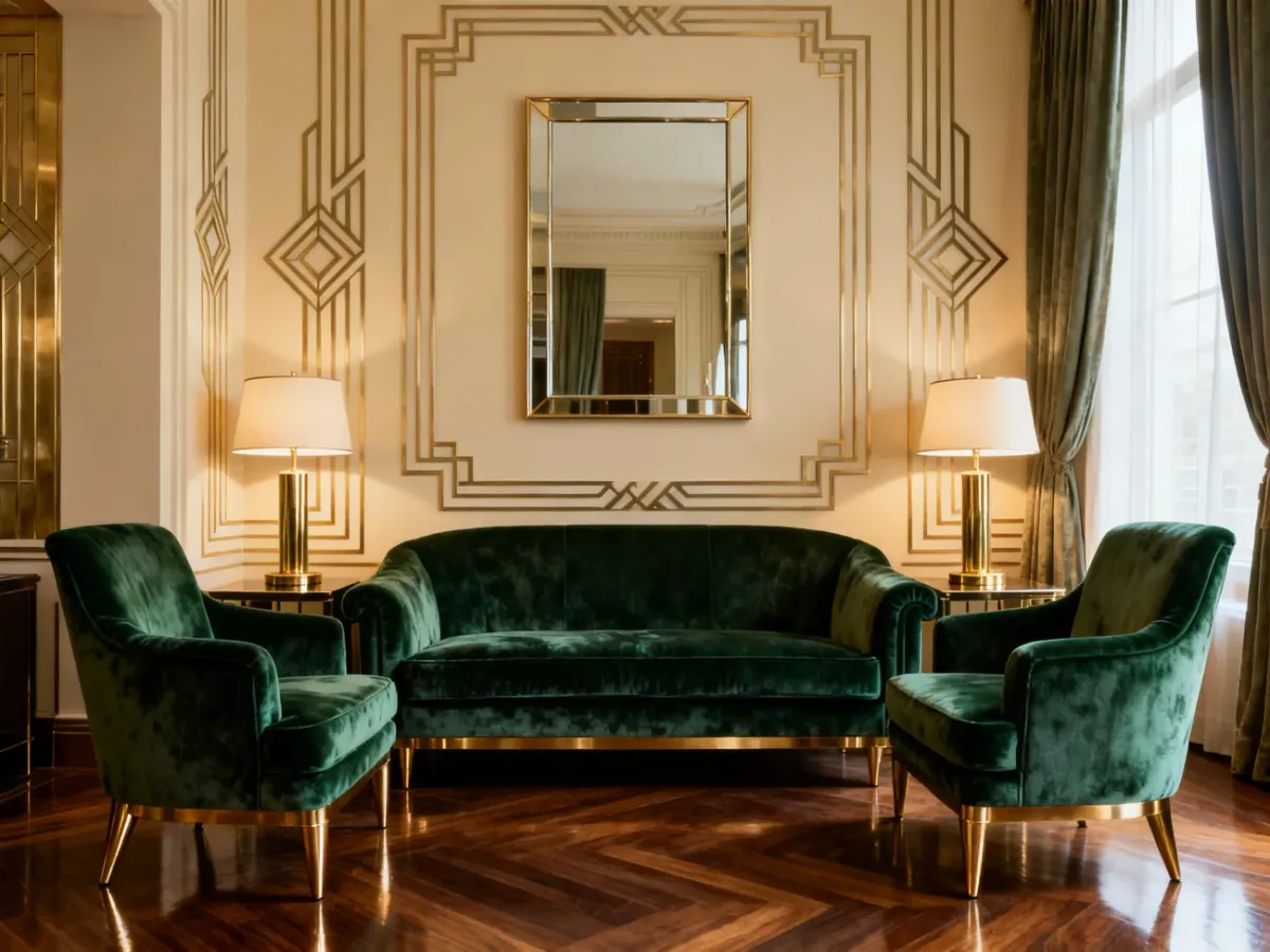 Symetryczny salon z welurową sofą, sztukaterią i identycznymi lampami