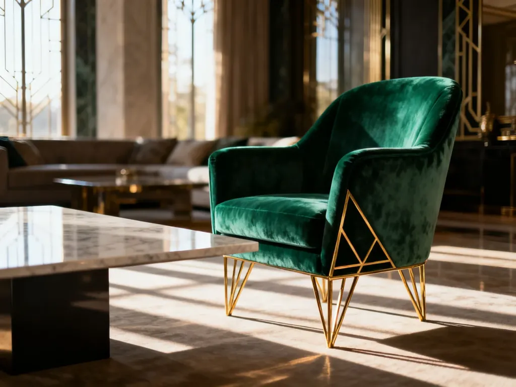 Szmaragdowy fotel w stylu art deco zestawiony z minimalistycznym marmurowym stolikiem w nowoczesnym salonie.