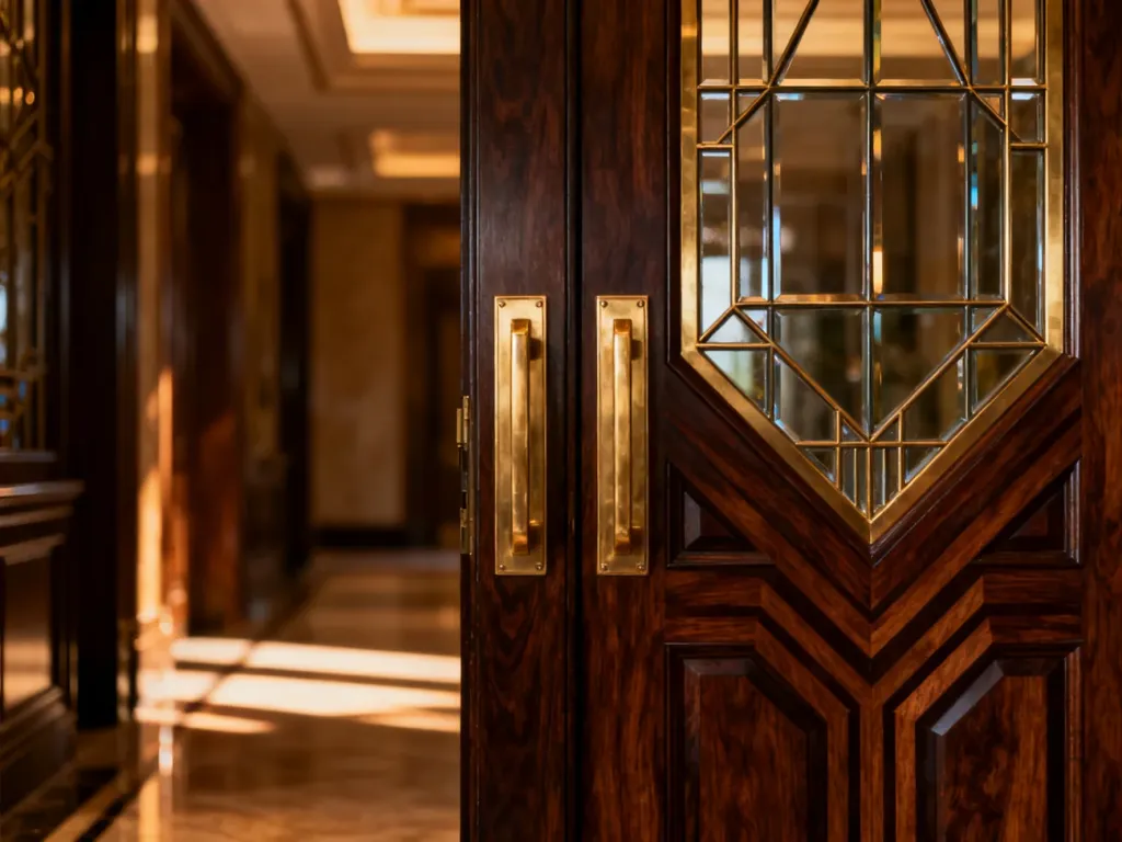 Eleganckie drzwi w stylu art deco z geometrycznymi przeszkleniami i mosiężnymi detalami w luksusowym wnętrzu.