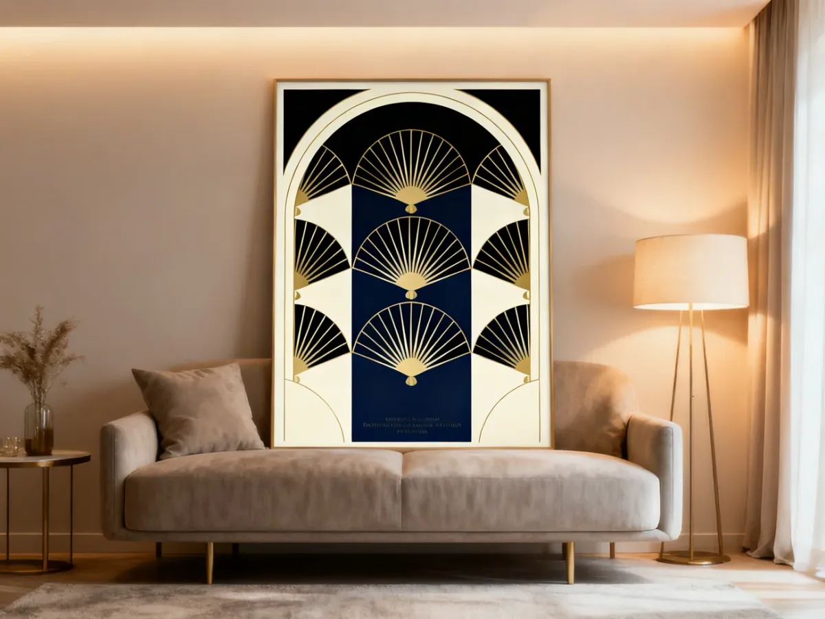 Geometryczny plakat art deco w eleganckim nowoczesnym wnętrzu