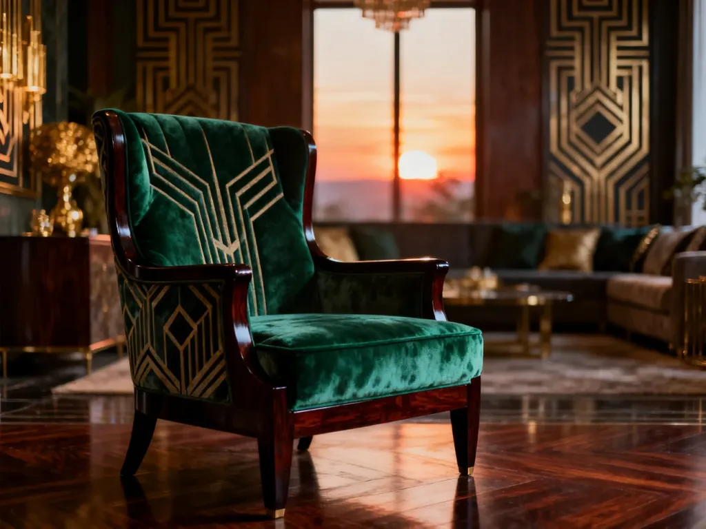 Elegancki fotel w stylu art déco z welurową tapicerką i drewnianą ramą na tle luksusowego, symetrycznego salonu.