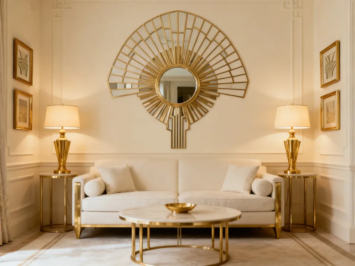 Małe wnętrze art déco z geometrycznym wzorem, lustrem i złotymi dodatkami