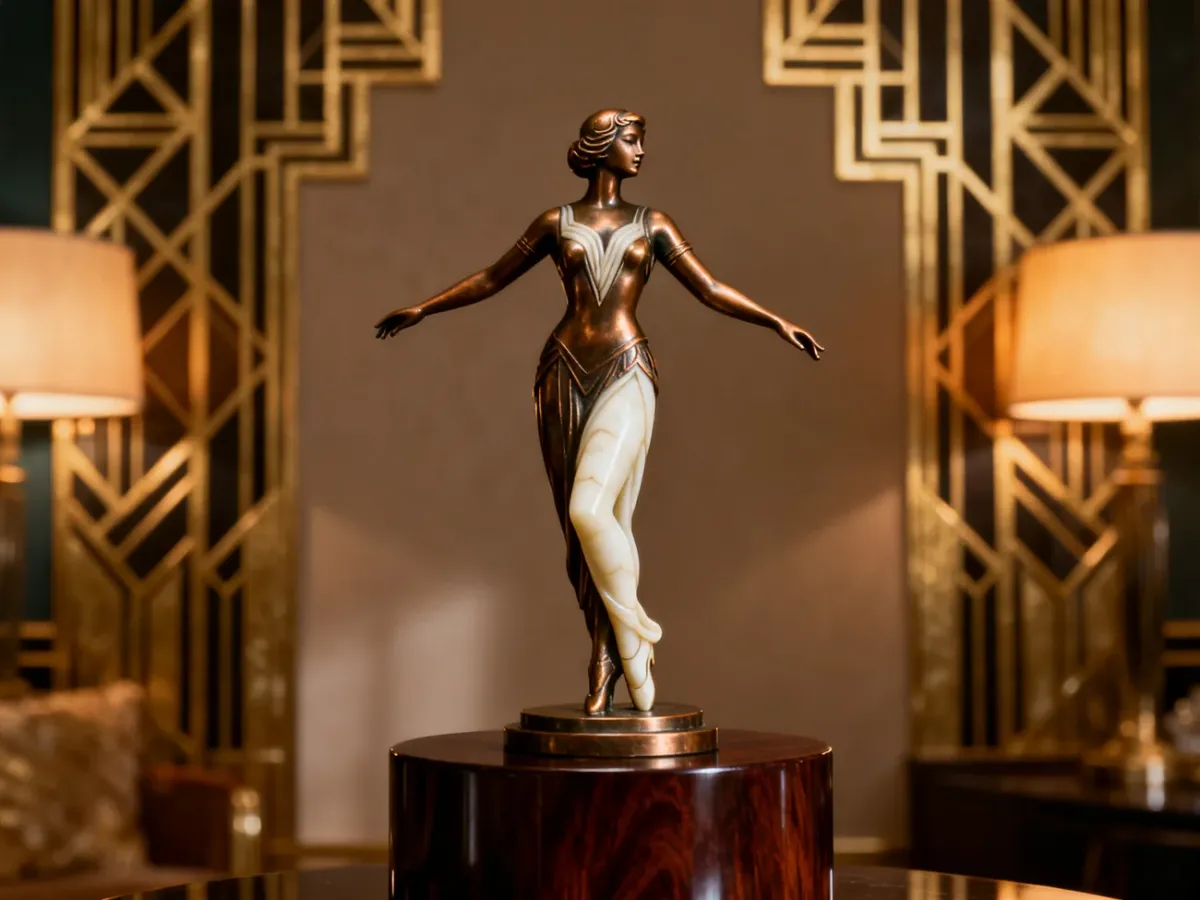 Elegancka figurka tancerki w stylu art déco wykonana z brązu i kości słoniowej na mahoniowym postumencie.