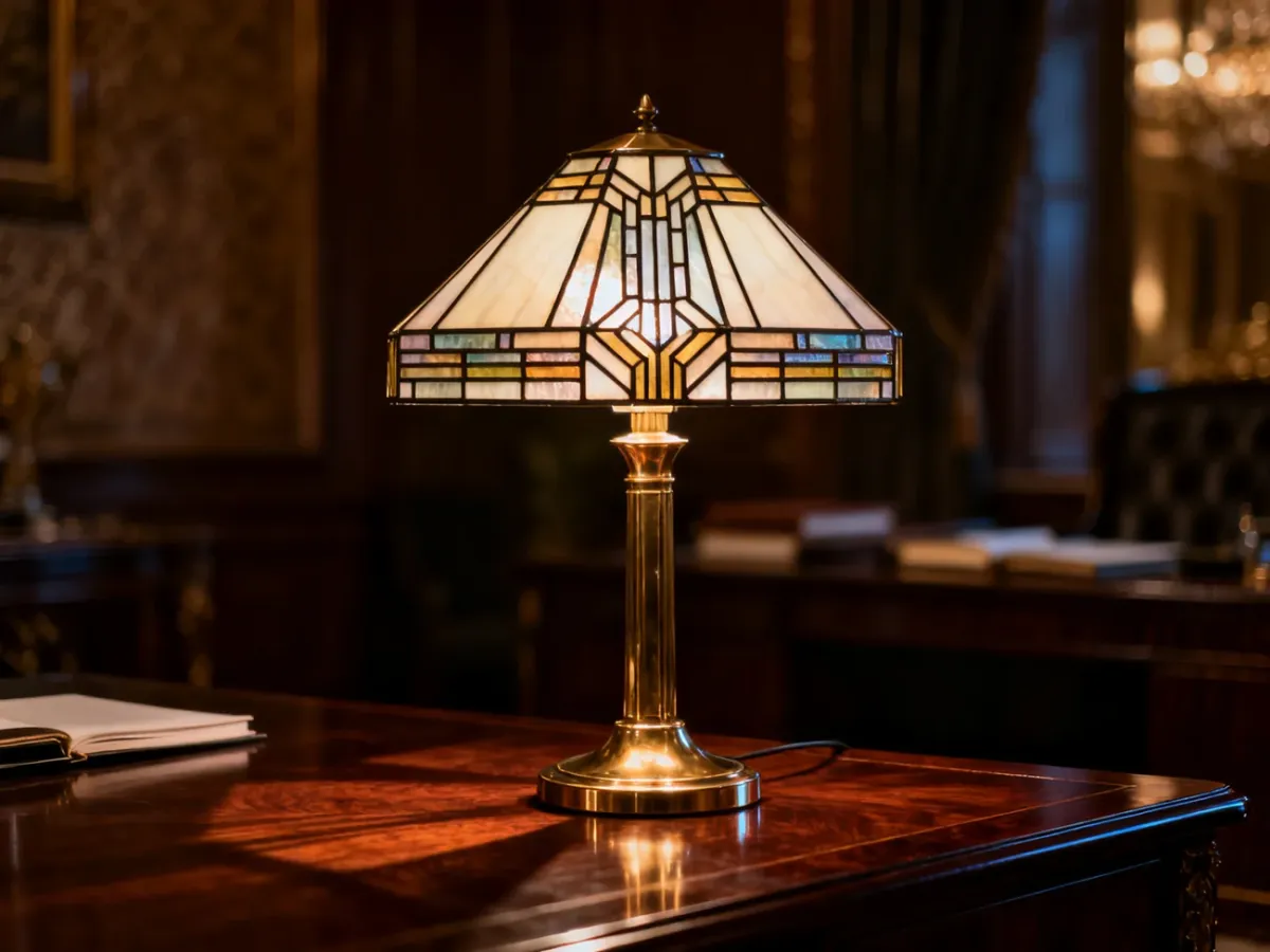 Elegancka lampa stołowa w stylu art déco z geometrycznym witrażowym kloszem i mosiężną podstawą na mahoniowym biurku.