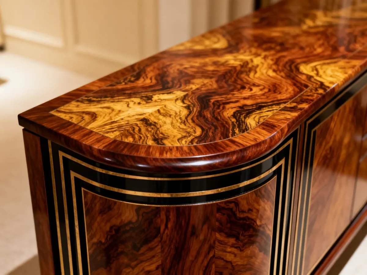 Zbliżenie na polerowany fornir z egzotycznego drewna o wyrazistym usłojeniu, podkreślające elegancję mebli w stylu art déco.