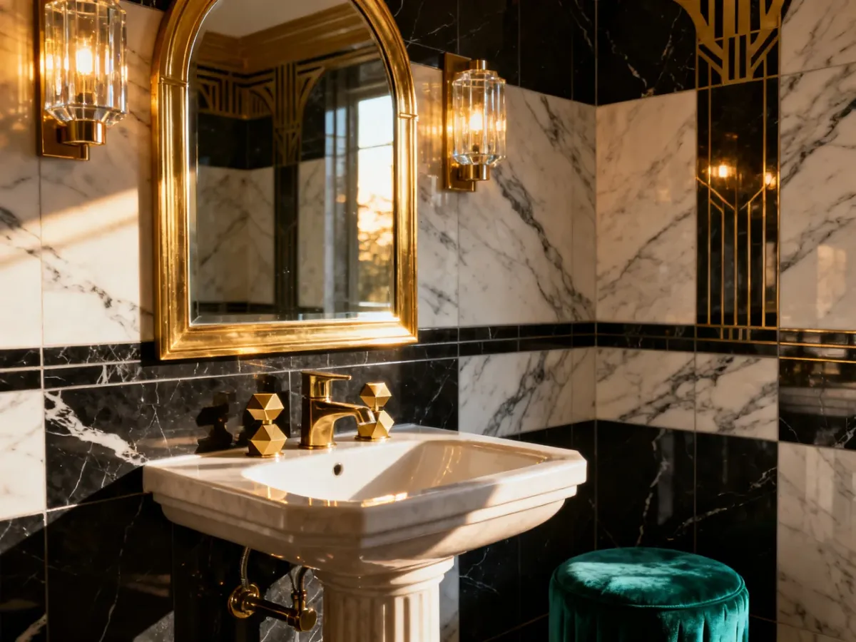 Elegancka mała łazienka w stylu art deco z marmurowymi płytkami, mosiężną armaturą i złotym lustrem o łukowatym kształcie.