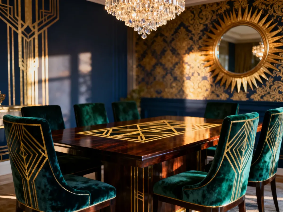 Elegancka jadalnia w stylu art deco z ciemnym stołem, welurowymi krzesłami oraz złotymi akcentami i ozdobnym lustrem.