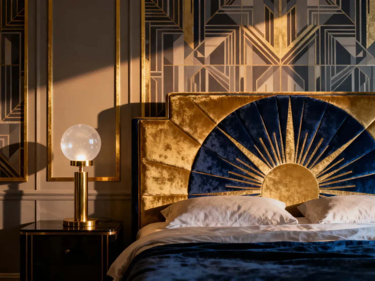 Luksusowa sypialnia w stylu art deco z welurowym łóżkiem, geometrycznym zagłówkiem i eleganckimi złotymi akcentami.