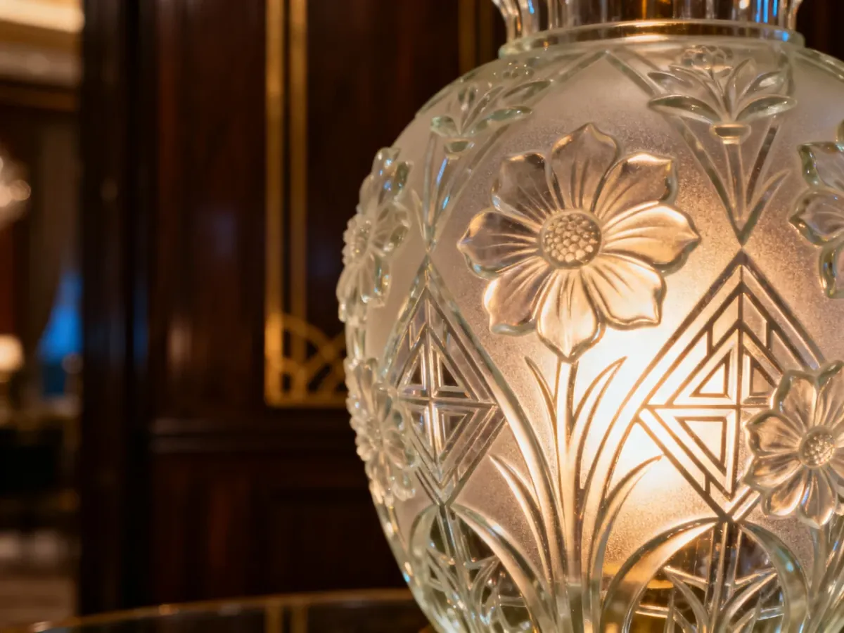 Lampa w stylu art deco ze szkła Lalique z kwiatowymi motywami, emitująca ciepłe, nastrojowe światło.