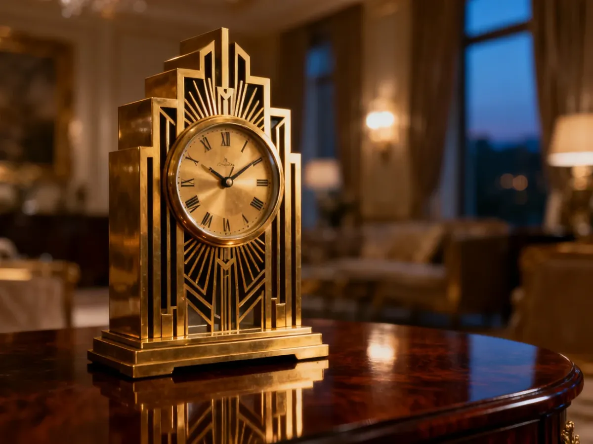 Elegancki zegar w stylu art deco z mosiężnymi detalami i geometrycznym wzorem słonecznym na mahoniowym blacie.
