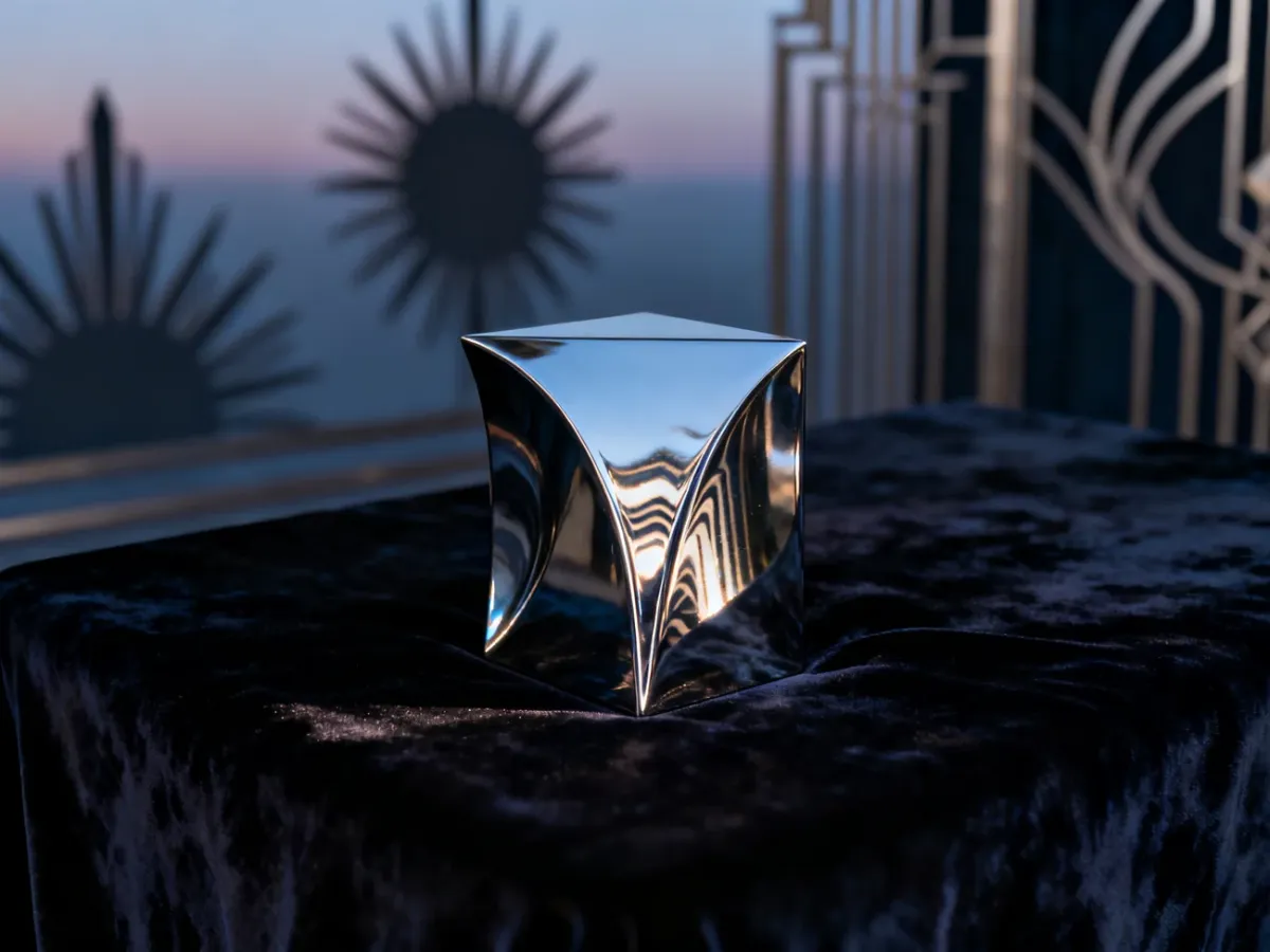 Błyszcząca chromowana rzeźba o geometrycznych kształtach na aksamitnym tle, podkreślająca elegancję stylu art deco.