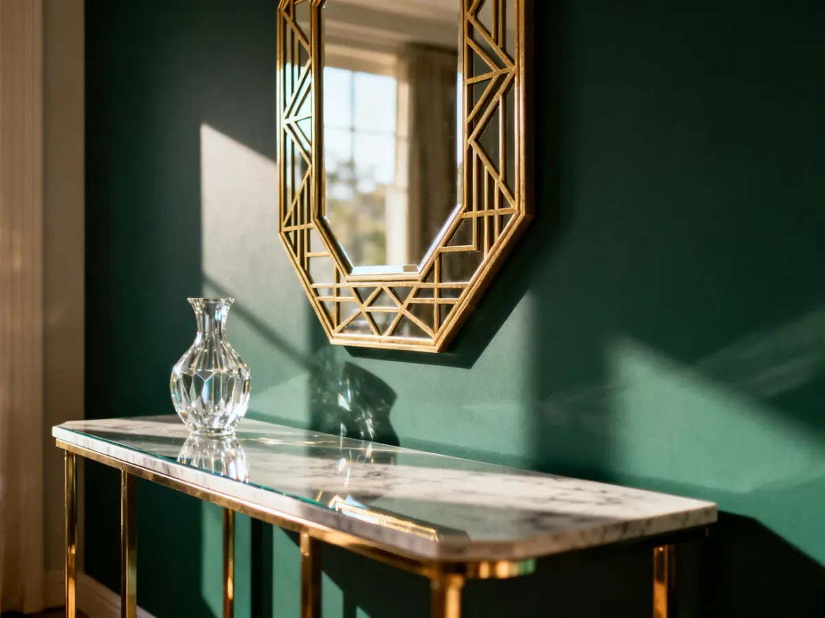 Eleganckie lustro w złotym, geometrycznym stylu art deco zawieszone na szmaragdowej ścianie nad marmurową konsolą.
