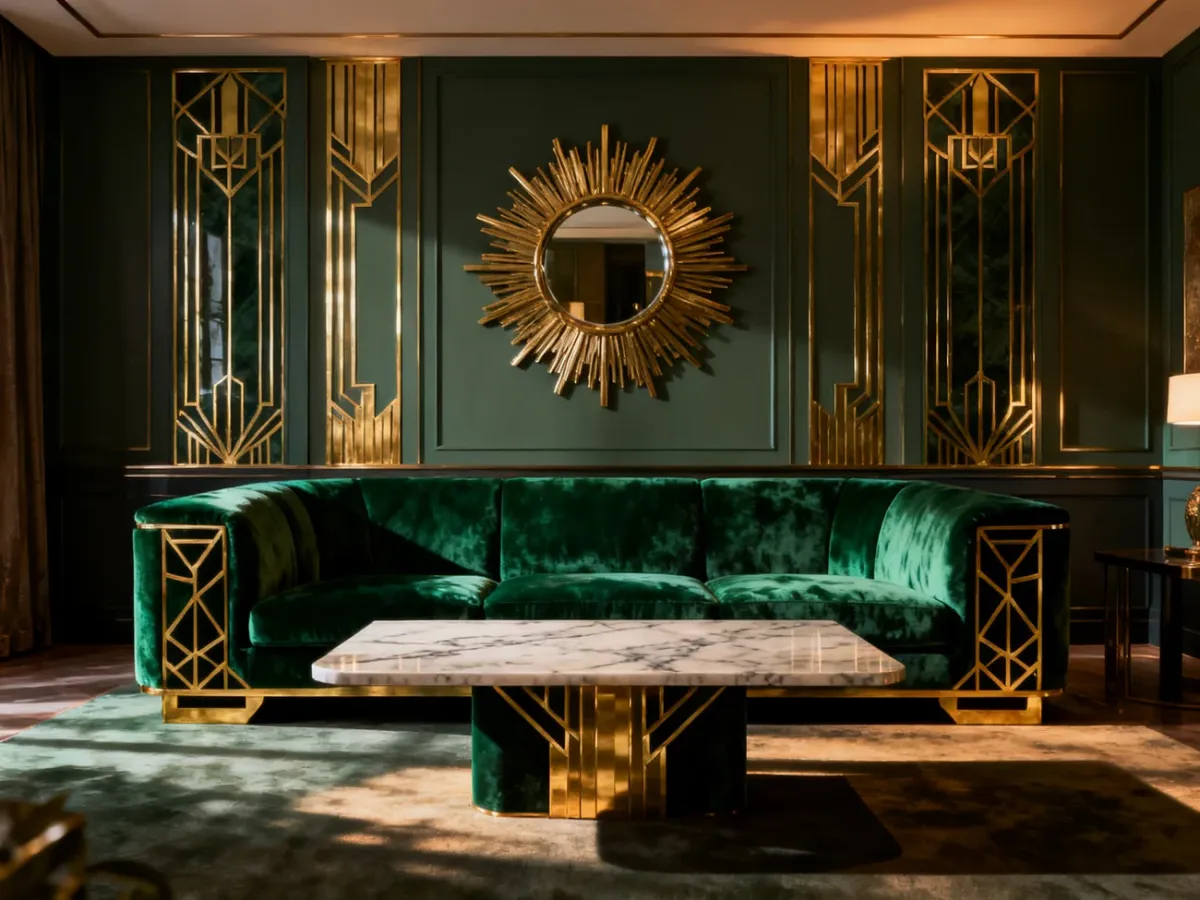 Luksusowy salon w stylu art déco ze szmaragdową sofą, marmurowym stolikiem i eleganckimi złotymi detalami na ścianach.