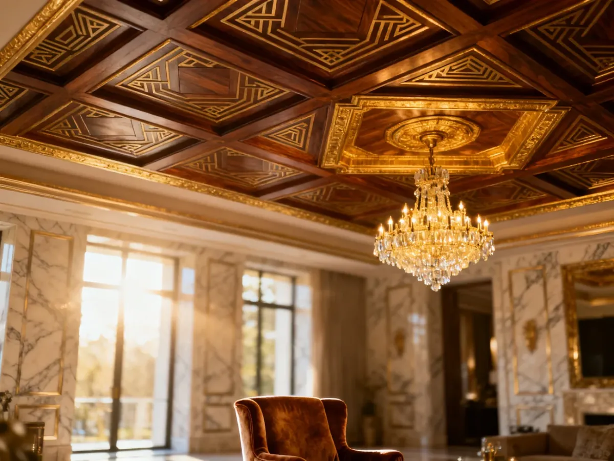 Elegancki sufit kasetonowy w stylu art deco z geometrycznymi wzorami i złotymi wykończeniami w luksusowym salonie.