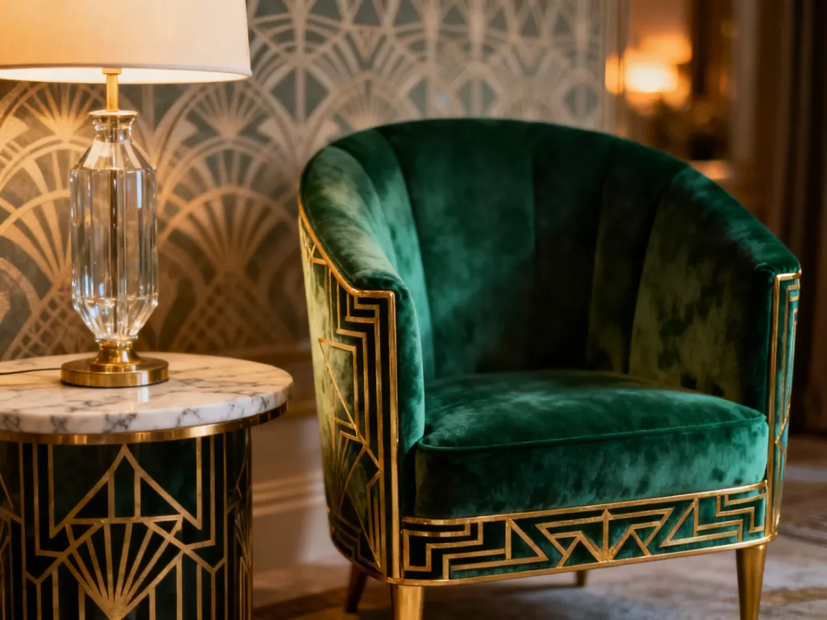 Elegancki salon w stylu art deco ze szmaragdowym fotelem, marmurowym stolikiem i złotymi akcentami w ciepłym oświetleniu.