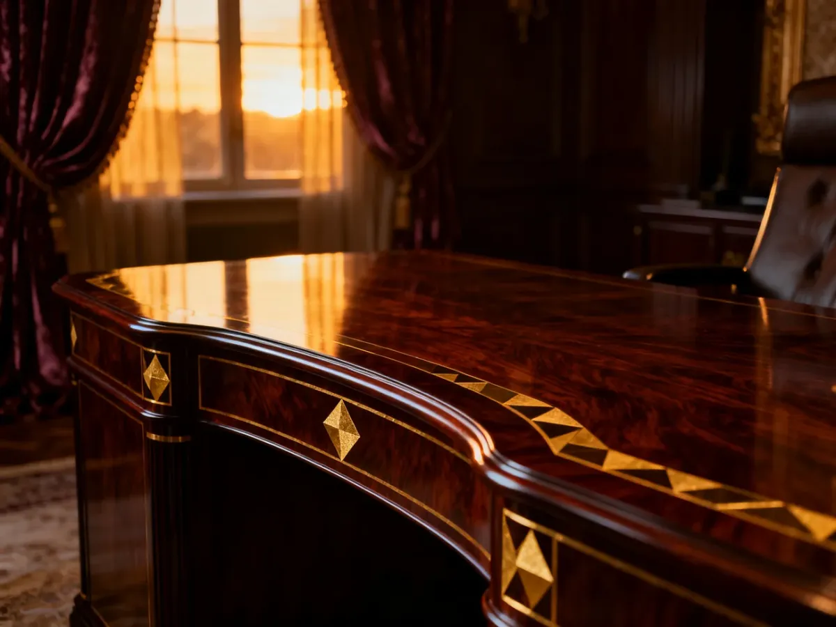 Eleganckie biurko w stylu art déco z mahoniu i złotymi zdobieniami w przytulnym, luksusowym gabinecie.