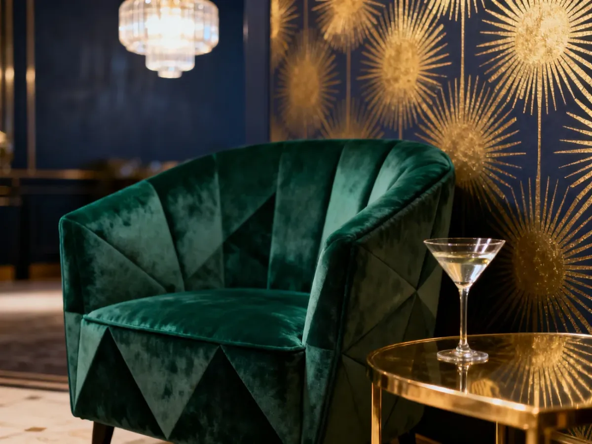 Elegancki fotel w kolorze szmaragdowej zieleni na tle złotej tapety w stylu art deco z mosiężnym stolikiem.
