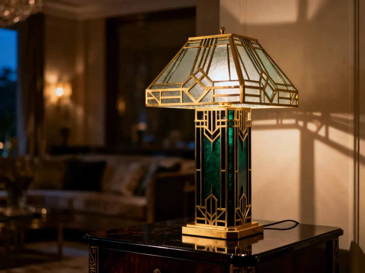 Elegancka lampa stołowa w stylu art deco ze złotymi geometrycznymi detalami, ustawiona na ciemnym drewnianym stoliku.