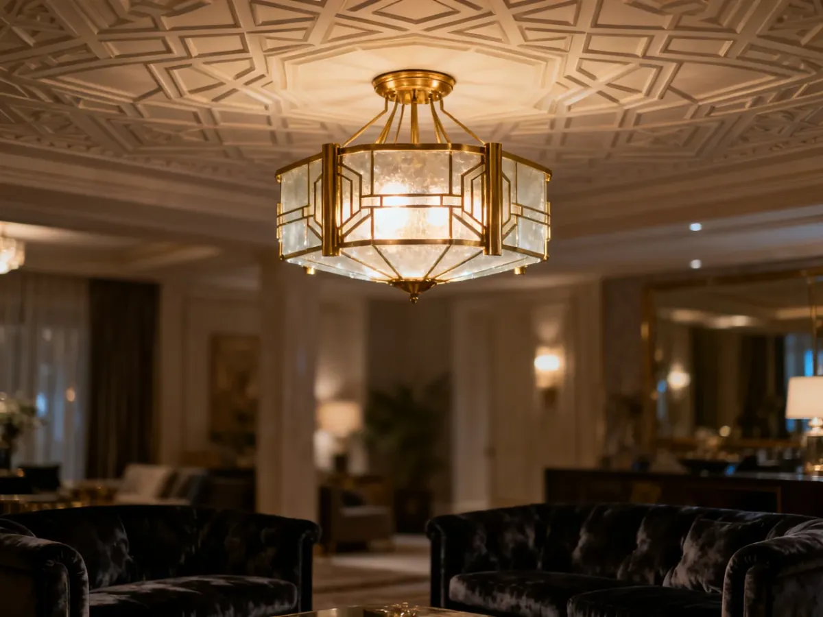 Elegancki plafon w stylu art deco ze złotym wykończeniem i matowym szkłem, emitujący ciepłe światło w luksusowym salonie.